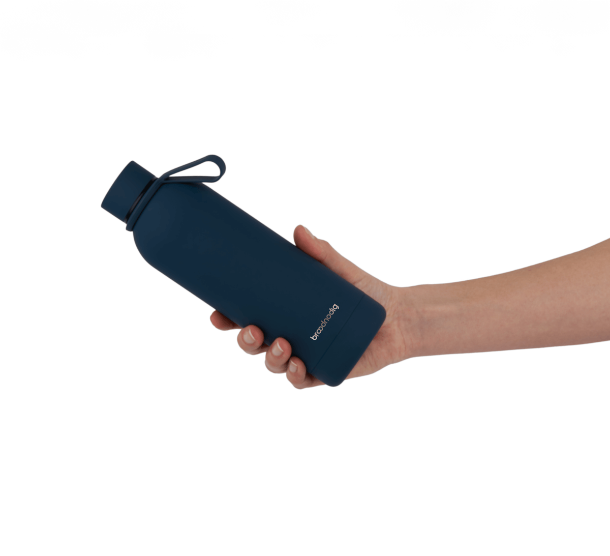 RVS drinkfles donkerblauw in de hand