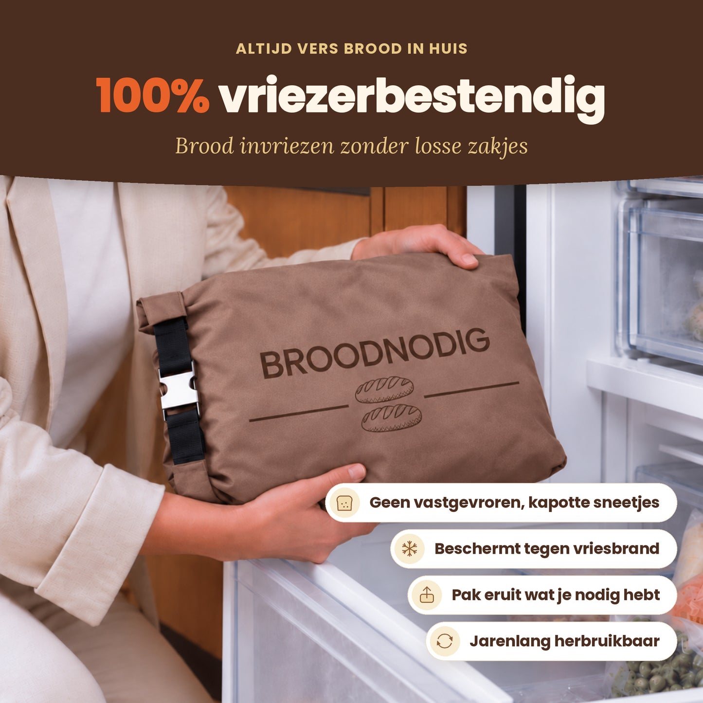 
                
                  Herbruikbare broodzak Mokka: ook geschikt voor de vriezer
                
              
